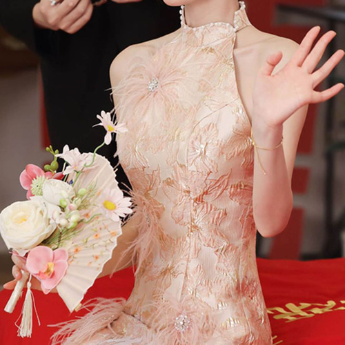チャイナドレス ピンク花柄 レースドレス 立ち襟 ノースリーブ 着痩せ