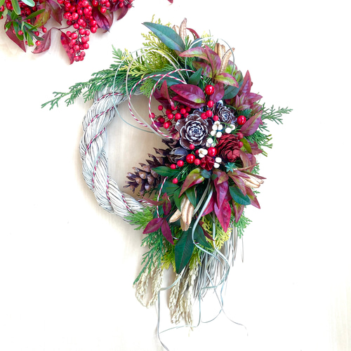 南天と千日紅のナチュラルクリスマスお正月しめ縄