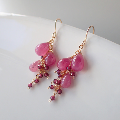 14kgf ガーネット ピンクアメジスト パール ルビー ピアス イヤリング