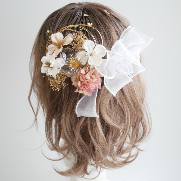 A267 オーガンジーリボン ドライフラワー 髪飾り 白 卒業式 袴 成人式