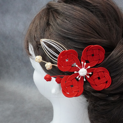 赤いお花と水引玉結びの髪飾りセット】髪飾り/ヘッドドレス/成人式