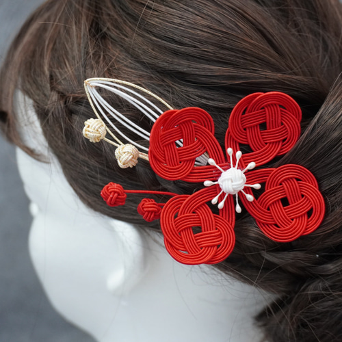 赤いお花と水引玉結びの髪飾りセット】髪飾り/ヘッドドレス/成人式