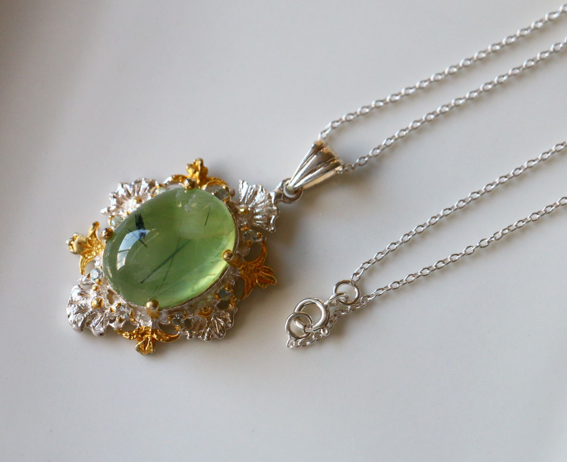 天然石　プレナイト　キュービックジルコニア　Silver　ネックレス　ペンダント