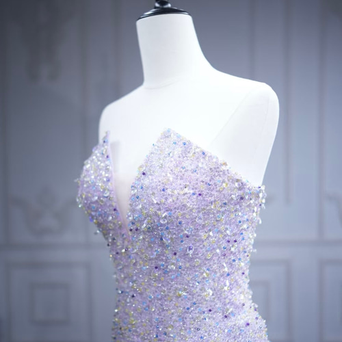 高級感溢れるラベンダー色 パープル たっぷりビーズ マーメイドドレス