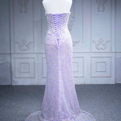 高級感溢れるラベンダー色 パープル たっぷりビーズ マーメイドドレス