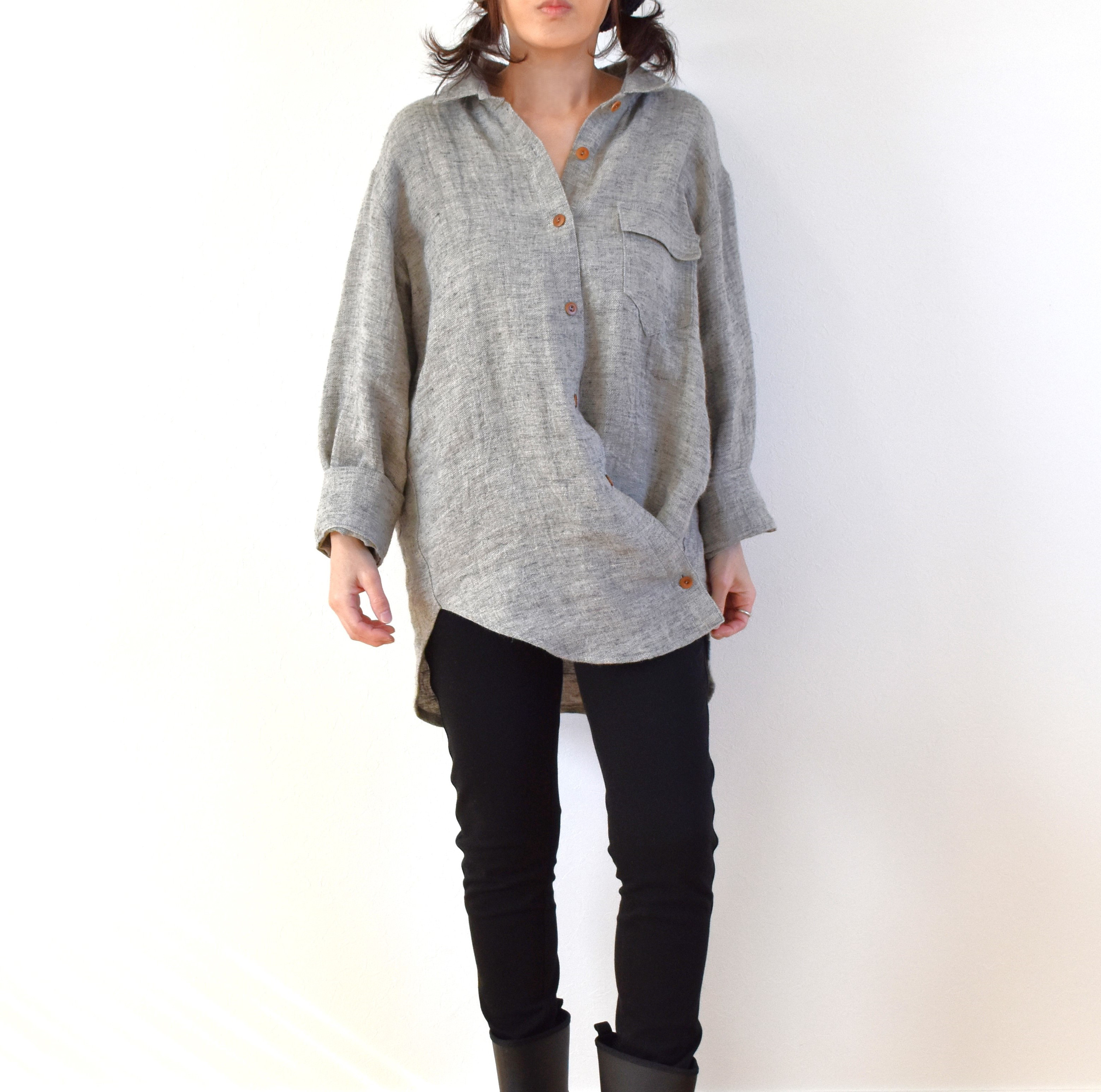 たっぷり 羽織れるデザイン シャツ 麻100％ 厚手 /霜降り調 グレー