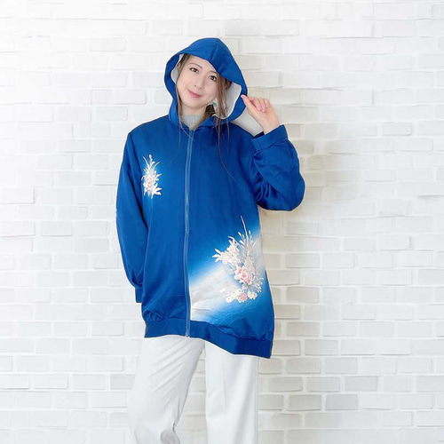 フード パーカー ポケット有 【 シルク * 着物リメイク 】 青 * 友禅