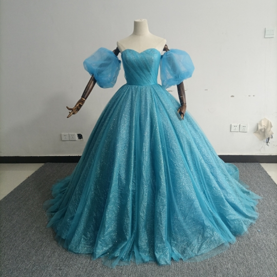 カラードレス ブルー キラキラグリッターチュール ベアトップ パフスリーブ プリンセスライン 前撮り