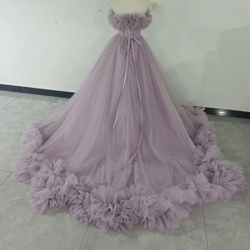 【そらいろ林檎)ジェラートピケ❤︎フリルドレス ブラウン 新品タグ付き カラードレス うすむらさき オフショルダー ラッフルフリル