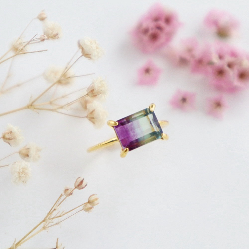 ◇バイカラーフローライト&グリーンカイヤナイト◇のデザインリング