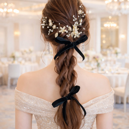 選べる ベロアリボン 2点➕ヘッドドレス セット/ 結婚式 卒業式 成人式