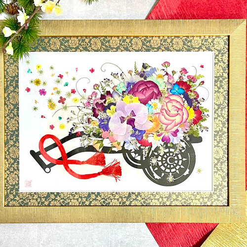 日本の和 豪華なお花の御所車 押し花アート額05 その他 日本の和 豪華なお花の御所車 押し花アート額05 その他