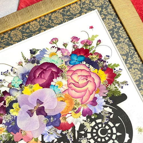 日本の和 豪華なお花の御所車 押し花アート額04 その他アート