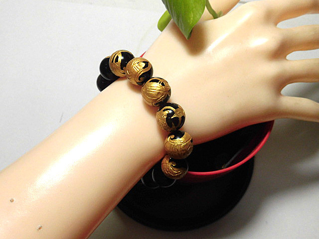 天然石 オニキス七福神+オブシディアンブレスレット 内周18.8cm 　　250720056