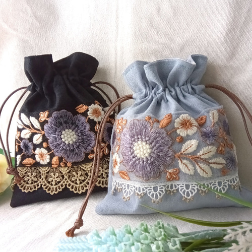 インド刺繍 リボン まんまる 巾着ポーチ 巾着 巾着袋 ポーチ ヌ