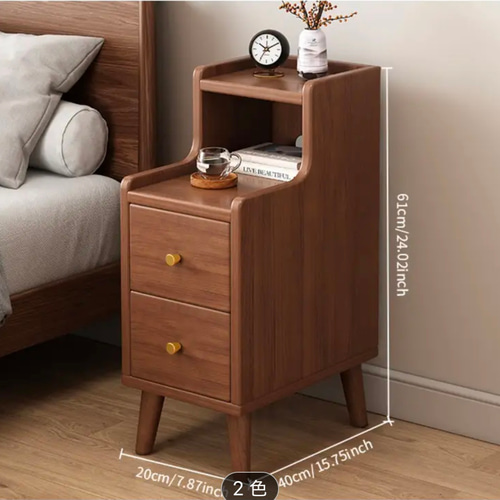 無垢材 2段引き出し 狭いナイトスタンド、多目的ベッドサイドテーブル