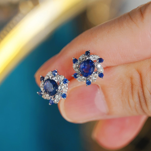 天然ダイヤモンド付きサファイアピアスk18 ピアス（スタッド・一粒  