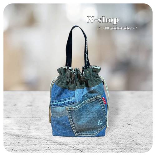 デニムリメイク*パッチワーク♪巾着バッグ❥ハンドメイド❥ 巾着バッグ