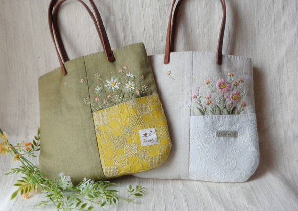 刺繍がおしゃれな ちょっとそこまでバッグ2種 トートバッグ ふんわり