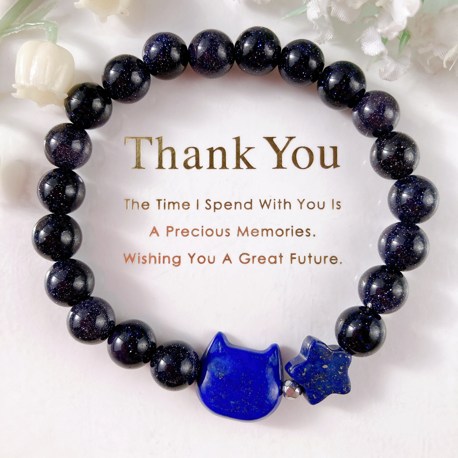 ラピスラズリ猫ちゃんお星様ブルーゴールドストーン天然石ブレスレット