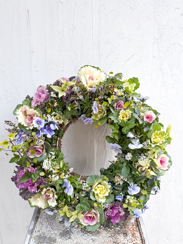 春まで楽しめるビオラと葉牡丹リース35cm ギャザリング その他素材