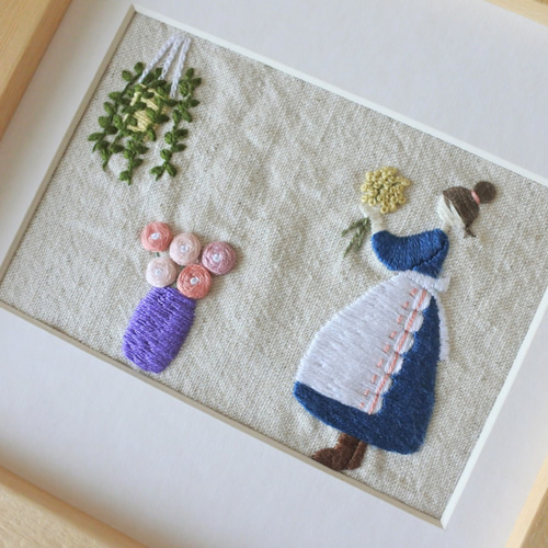 手作り刺繍アート女性　　　　　安全な透明アクリルフレーム付き 約40x60cm 花屋の女の子 刺繍フレーム 壁掛け その他アート ざっ花 通販 18679455