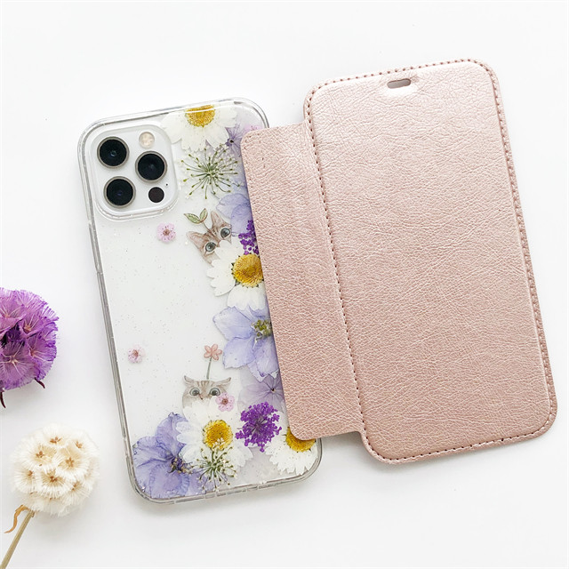 癒し猫  iPhone17Pro/17/17ProMax/16e/GalaxyS25 猫柄 押し花ケース 手帳型ケース