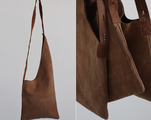 冬／クリスマスSALE古布リメイク酒袋 柿渋染め 手織り木綿 斜め