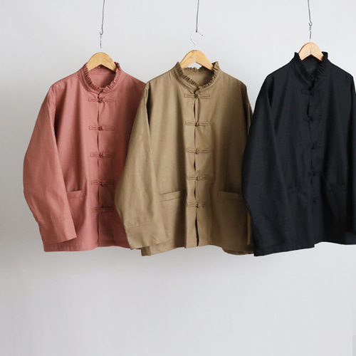 最終ＳＡＬＥ　ギマ擬麻コットン　小花フリル襟　花ボタン　シャツ　ジャケット　前開き　黒　H30C 最終SALE ギマ擬麻コットン 小花フリル襟 花ボタン シャツ