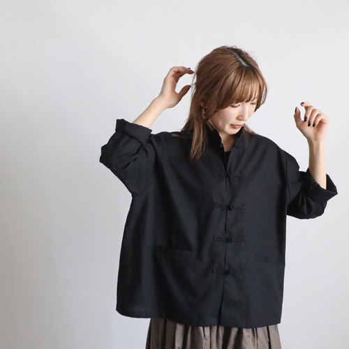 最終SALE ギマ擬麻コットン 小花フリル襟 花ボタン シャツ