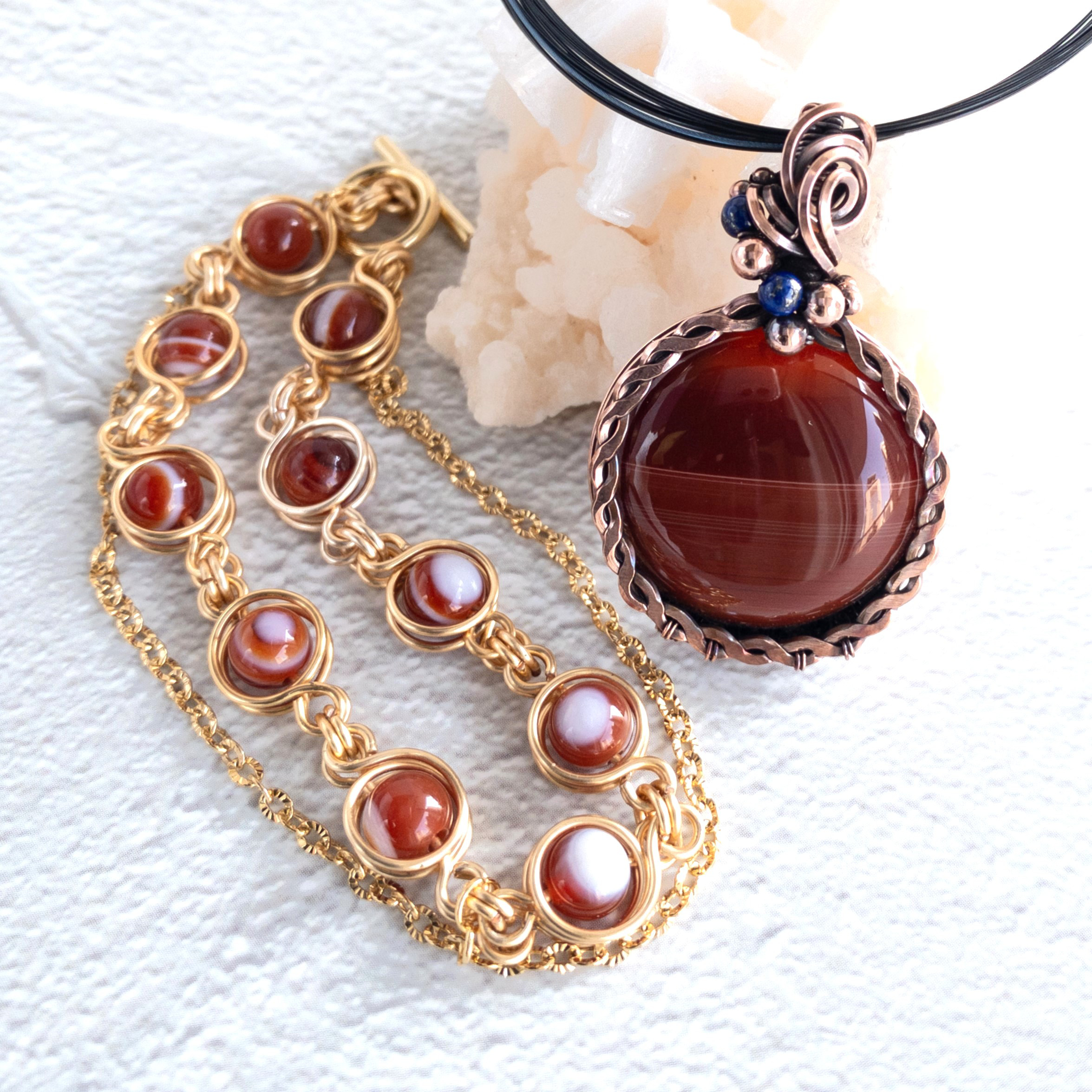 ＜カーネリアンサードニクス＞ベゼルセッティング ペンダント《INTRECCIO イントレッチオ》& ブレスレット セット