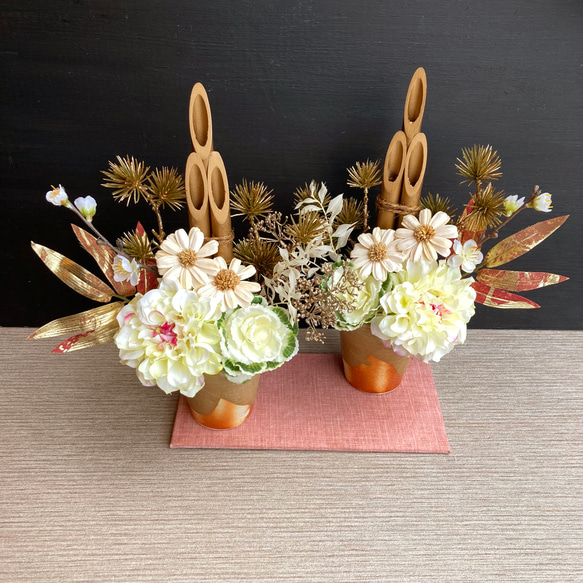 豪華 お正月飾り 玄関 60cm 門松 迎春ミニ門松 ゴールド鉢 2鉢 1対