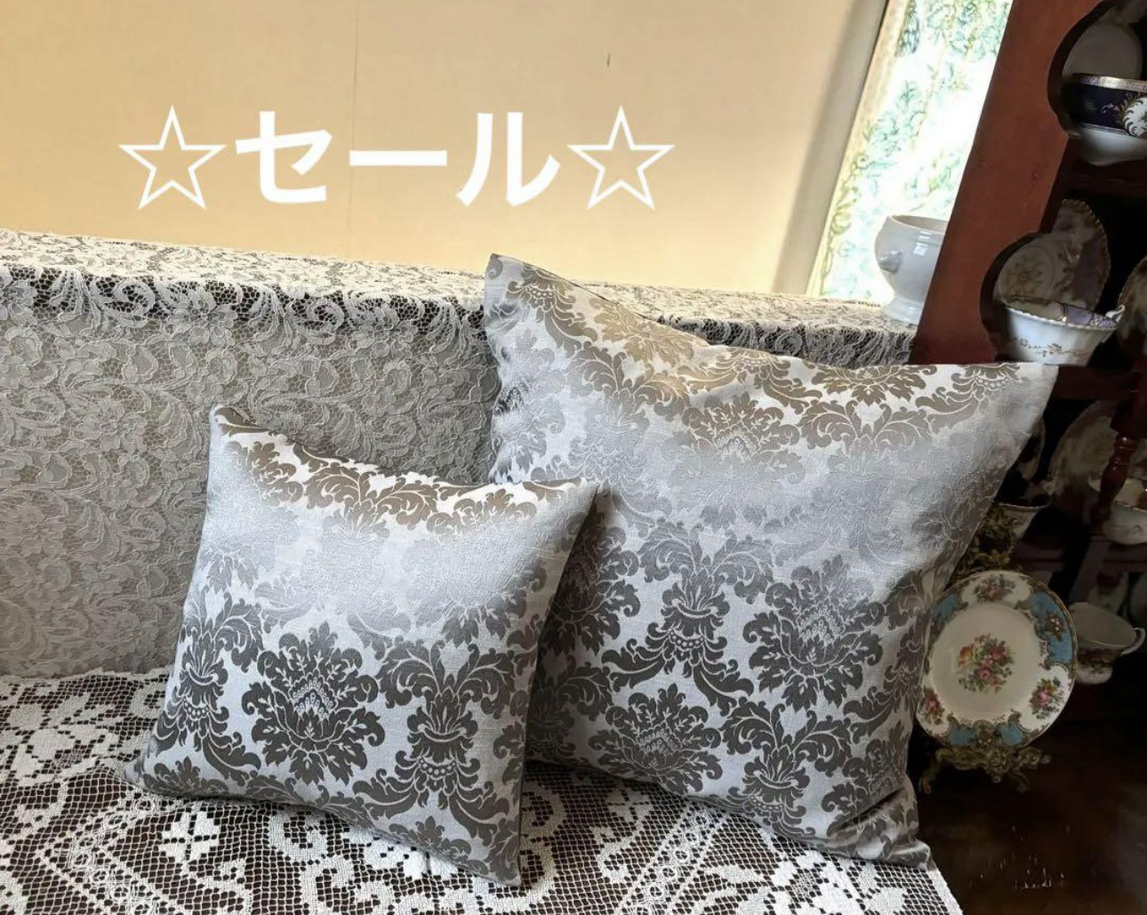 パープル２枚★ダマスク柄クッションカバー♡Rady好きな方 ☆セール☆ イギリス製生地 シルバーグレーの上品なダマスク柄
