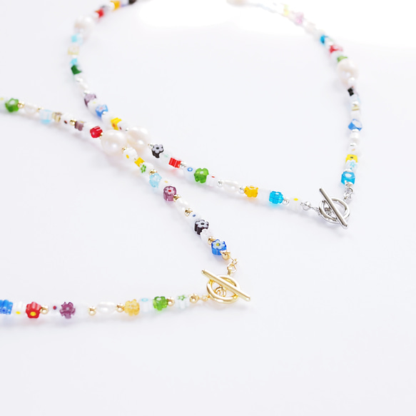 ミルフィオリ ガラスビーズモチーフと淡水パールのマンテルネックレス〈ゴールド〉 10枚目の画像