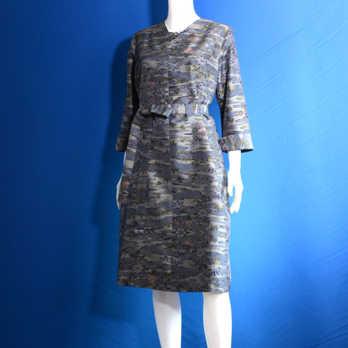 大島紬　ロングワンピース　絹　着物リメイク　ハンドメイド 着物リメイク ロングワンピース（絹大島紬）Vネック 長袖