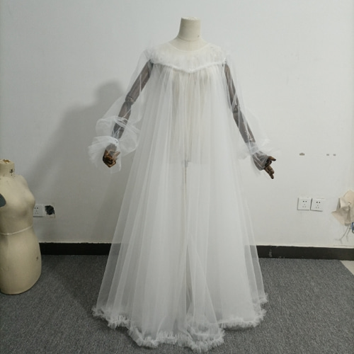 エアリー感 パーティードレス オフホワイト 透ける 胸元フリル 長袖  