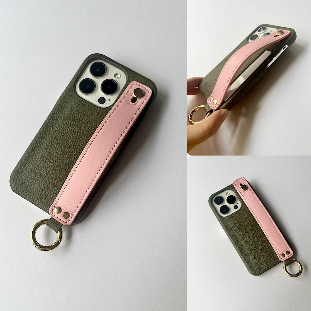 本革　名入れ可　隠しポケット付き　バイカラー　ハンドベルト付き　革　カード収納　darkgreen+pink