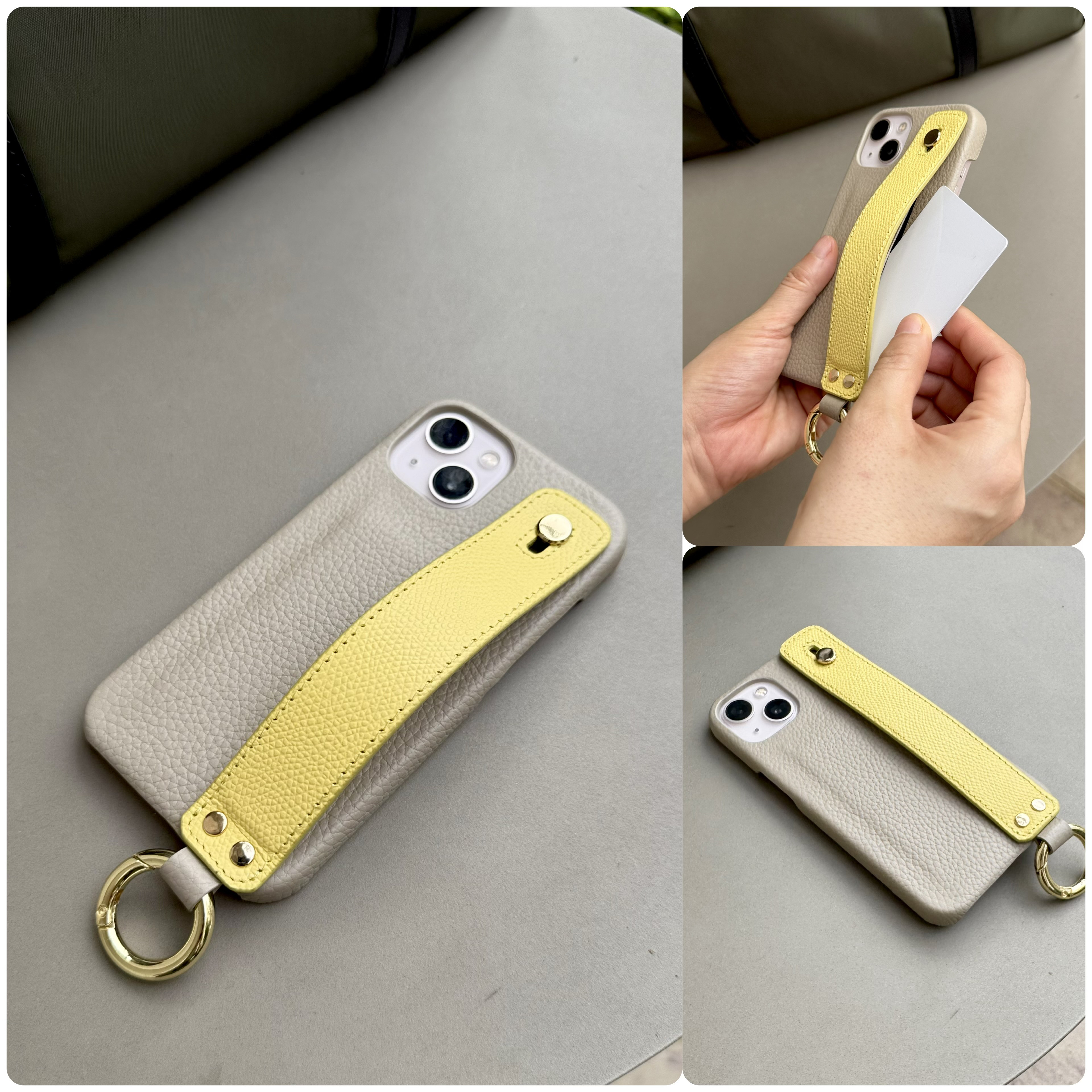 本革　名入れ可　隠しポケット付き　バイカラー　ハンドベルト付き　カード収納　greige+lemon