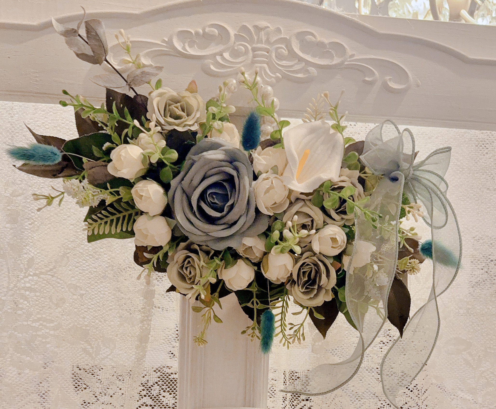 ❤️SALE❤️グリーンブルーローズパールハンガーアレンジ