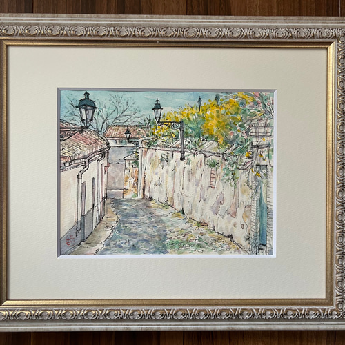 昼下がり（スペイン、グラナダ、春、透明水彩、原画、額付き） 絵画