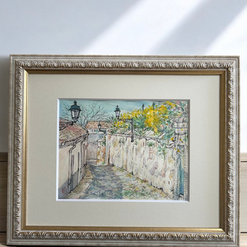 昼下がり（スペイン、グラナダ、春、透明水彩、原画、額付き） 絵画