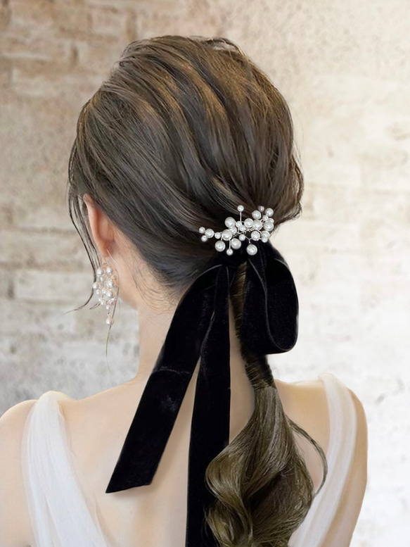 ◎3点セット：パールのヘアアクセサリーとピアス、ベロアリボンの 