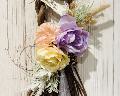 モダンお正月飾り アーティフィシャルフラワーしめ縄飾りno.6 しめ縄