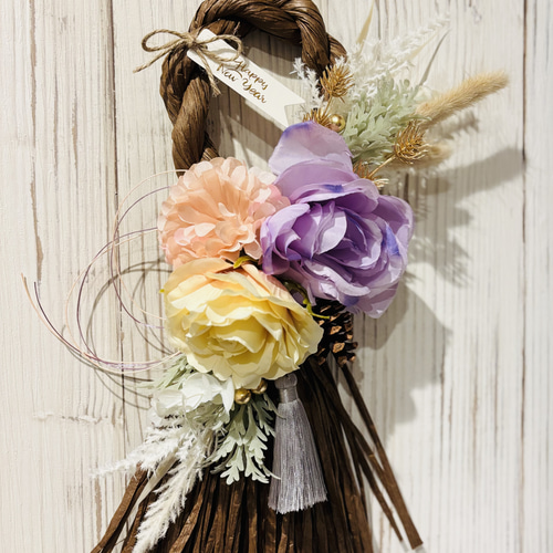 モダンお正月飾り アーティフィシャルフラワーしめ縄飾りno.6 しめ縄