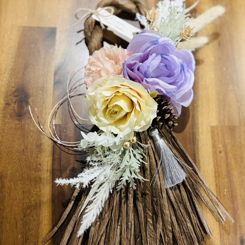 モダンお正月飾り アーティフィシャルフラワーしめ縄飾りno.6 しめ縄