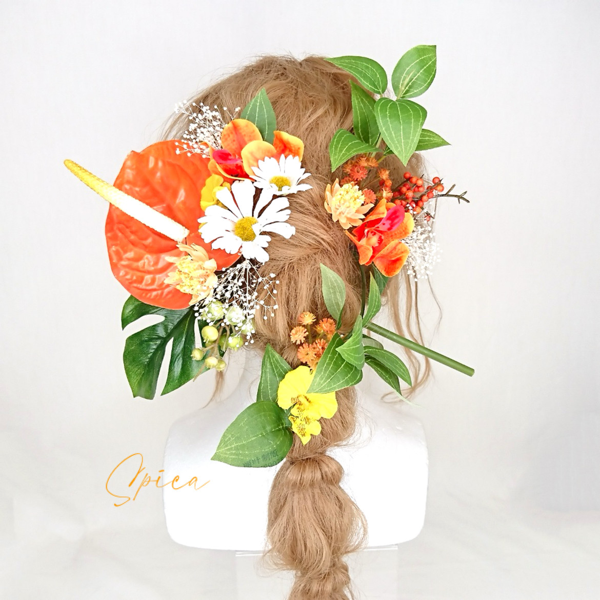 【一点限定】アンスリウムとモカラのヘッドドレス 髪飾り 成人式 卒業式 ウェディング 袴 個性的 トロピカル オレンジ