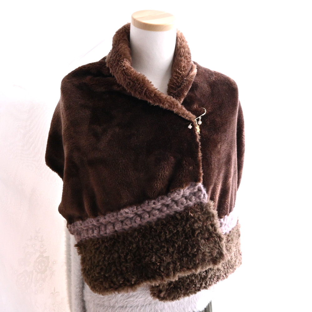 【ラスト1点】マフラーピン付き♪ふわとろニット×ラメ毛糸×ふわふわファー＊マフラー《ブラウン》