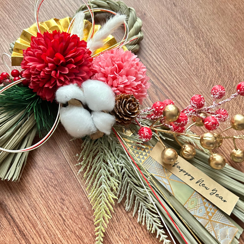 No.510 ピンポンマムのわらしめ縄リース2025 ハンドメイドお正月飾り