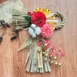 No.510 ピンポンマムのわらしめ縄リース2025 ハンドメイドお正月飾り