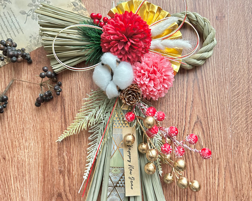 5.しめ縄リース No.510 ピンポンマムのわらしめ縄リース2025 ハンドメイドお正月飾り